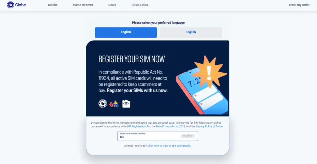TM Sim Registration Online link