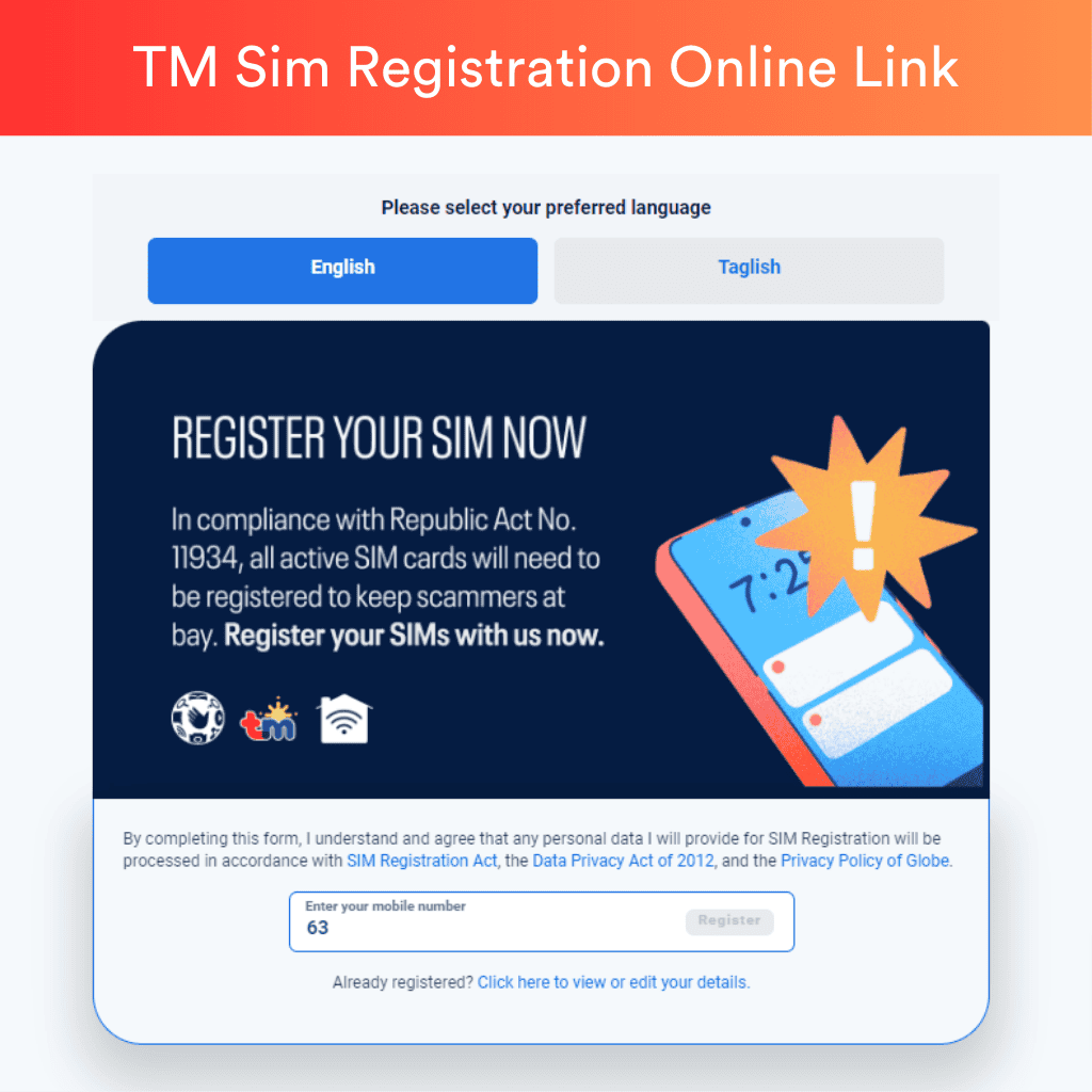 TM Sim Registration Online link