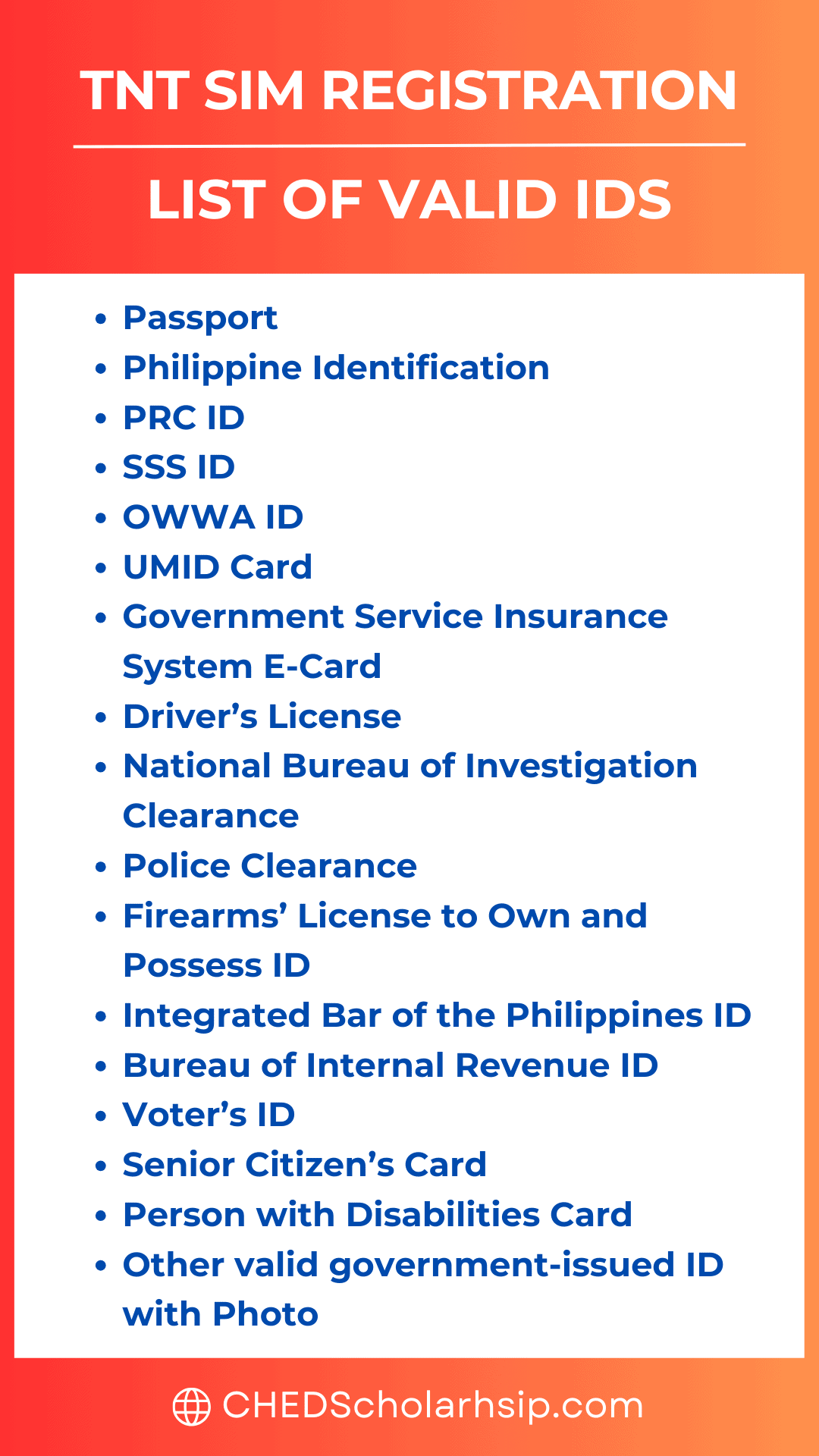 List of Valid Govt Ids to register TNT Sim Card